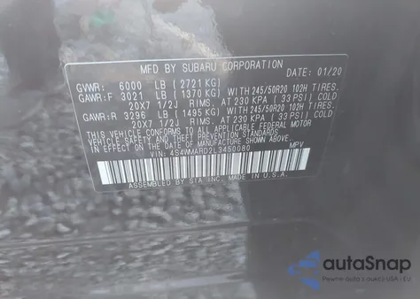 2020 Subaru Ascent Touring из США, поврежденный, VIN 4S4WMARD2L3450080